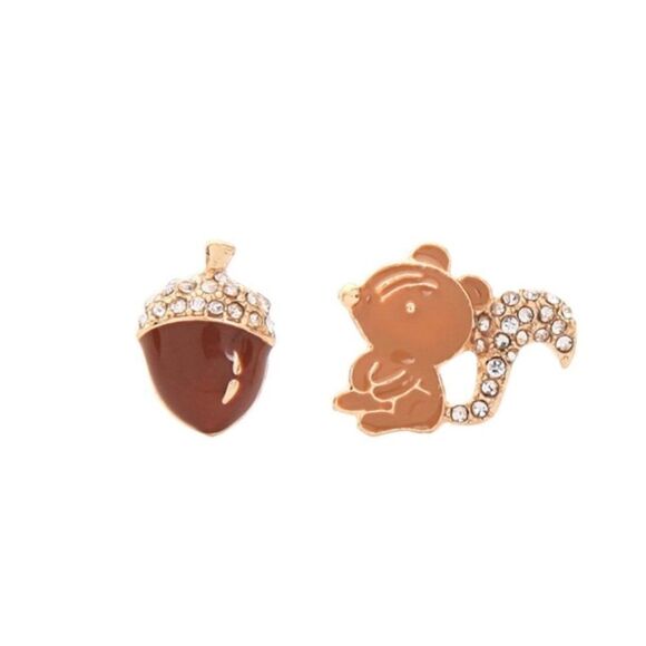 Acorn & Squirrel Enamel Crystal Mismatch Gold Stud Earrings - Picture 1 of 10